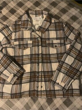 Lucky Brand White Sherpa Lined Plaid Jacket with Brown Accents